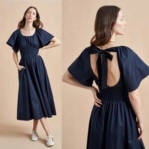 LA LIGNE Open Back - Navy - Smocked Cotton-Sateen Maxi Dress
